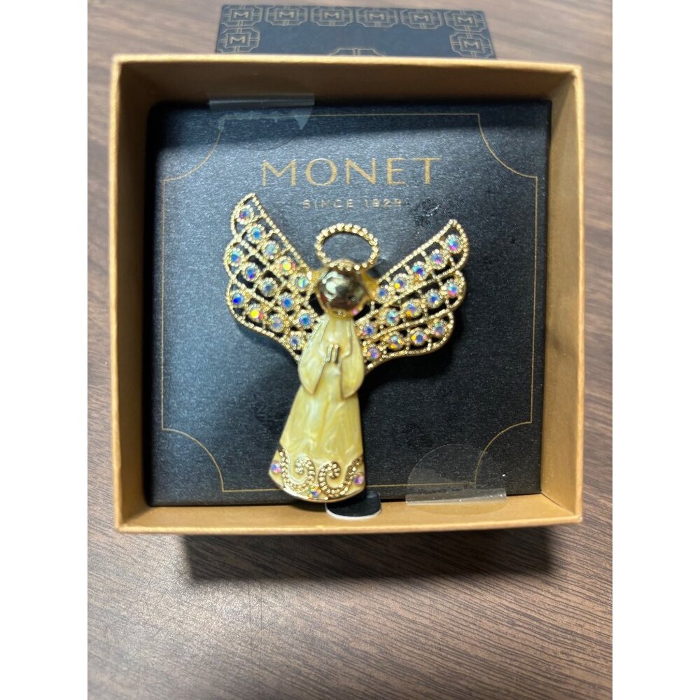 Monet Angel Lapel Pin Gold-Tone Multicolor Rhinestones